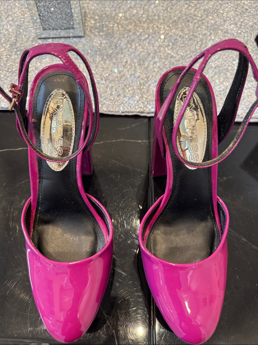 Express Women’s Hot Pink Patent Block Heel Slingback Pumps